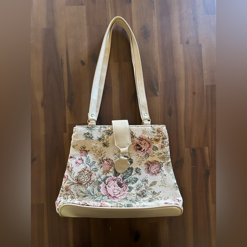 mitzi brand floral beige purse with button front